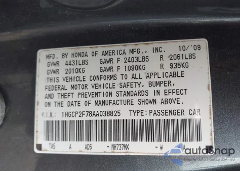 2010 Honda Accord 2.4 Ex from USA, damaged, VIN 1HGCP2F78AA038825